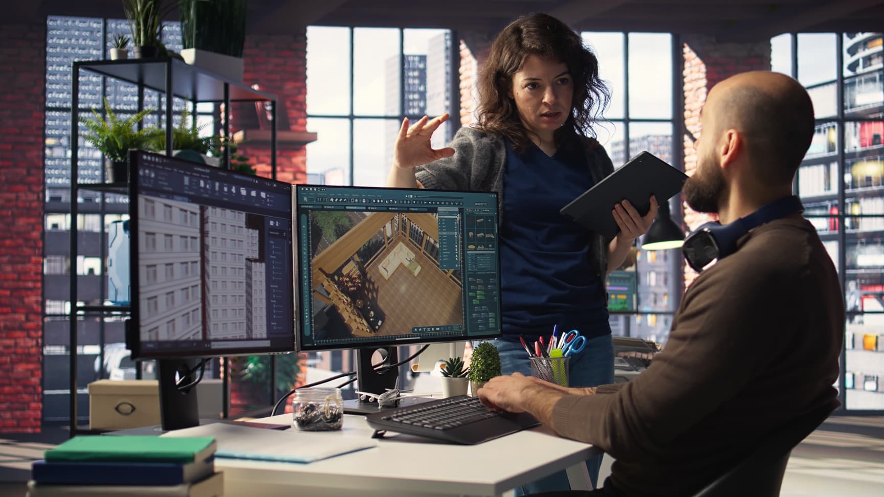 Construction team reviewing site plans with virtual assistant dashboards