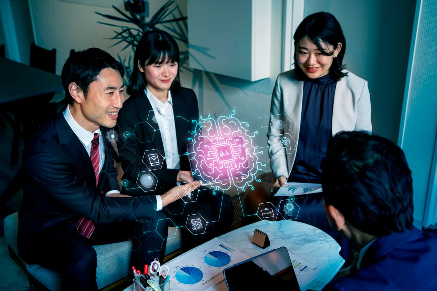 Marketing team collaborating with AI tools